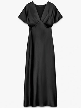 NEW Zara Black Satin Effect V-Neck Midi Slip Dress Size M Puff sleeves